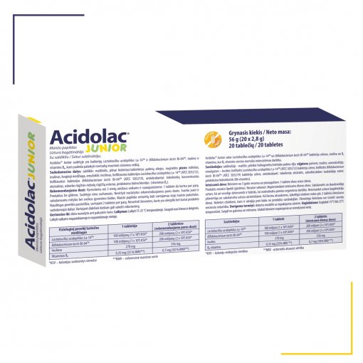 Probiotikas, prebiotikas Acidolac Junior probiotikų ir prebiotikų tabletės, N20 | Mano Vaistinė