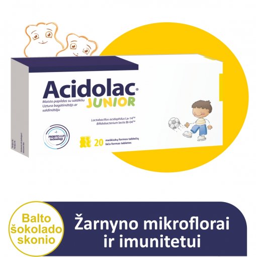 Pieno rūgšties bakterijų preparatas ACIDOLAC JUNIOR (balto šokolado skonio), 20 meškiuko formos tablečių | Mano Vaistinė