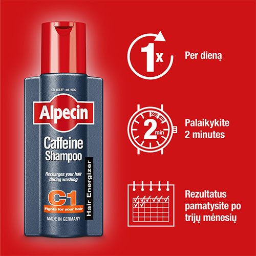 Priežiūros priemonė plaukų augimui Alpecin šampūnas su kofeinu C1, 250 ml | Mano Vaistinė