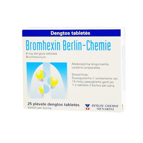 Vaistas nuo kosulio, peršalimo Bromhexin 8 mg dengtos tabletės, N25 | Mano Vaistinė