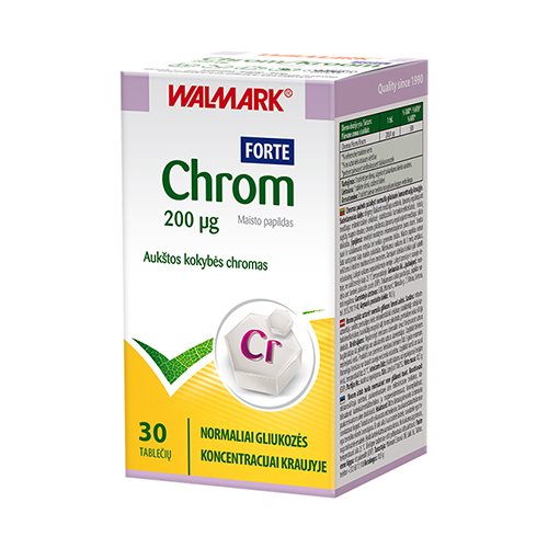 Chromas normaliai gliukozės koncentracijai kraujyje ir maistinių makromedžiagų apykaitai.   Chromas WALMARK CHROM FORTE 200mcg, 30 tab. | Mano Vaistinė