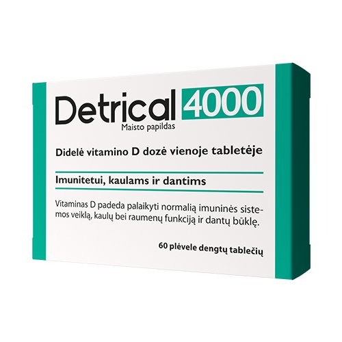 2 mėnesių kursas. Didelė dozė Vitaminas D (cholekalciferolis) DETRICAL 4000 (TV), 60 tab. | Mano Vaistinė