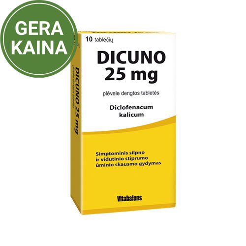 Diklofenako kalio druska, vaistai nuo skausmo ir uždegimo Dicuno 25mg plėvele dengtos tab.N10 | Mano Vaistinė