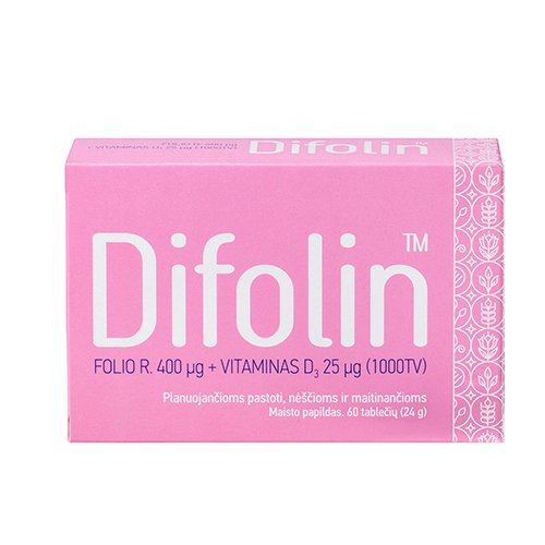 Maisto papildas, folio rūgštis Difolin folio rūgšties ir vitamino D3 tabletės, N60 | Mano Vaistinė