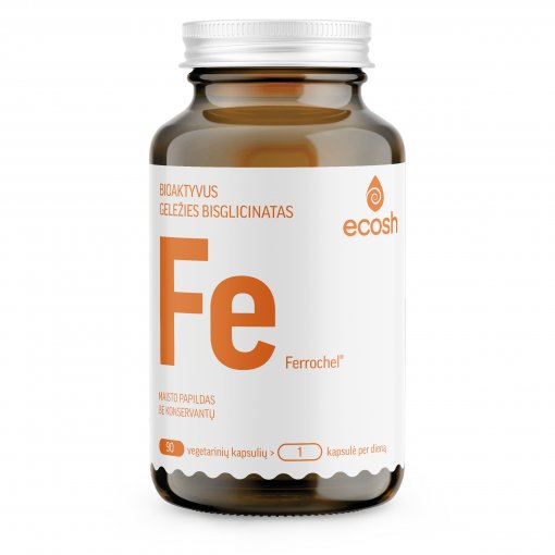 27 mg elementinės geležies vienoje kapsulėje Bioaktyvi geležis su vitaminu C ECOSH FERROCHEL, 90 kaps. | Mano Vaistinė