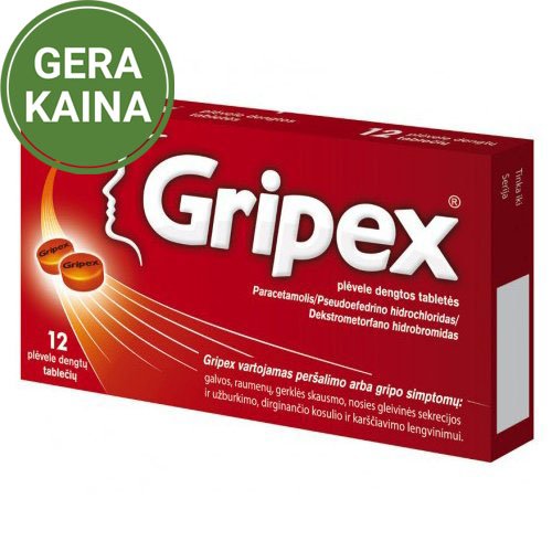 Vaistas nuo peršalimo GRIPEX 325 mg/30mg/10 mg plėvele dengtos tabletės, N12 | Mano Vaistinė