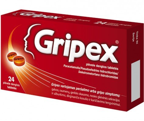 Vaistas nuo peršalimo GRIPEX 325mg/30mg/10mg plėvele dengtos tabletės, N24 | Mano Vaistinė