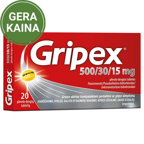 Vaistas nuo peršalimo Gripex 500/30/15mg plėvele dengtos tabletės N20 | Mano Vaistinė