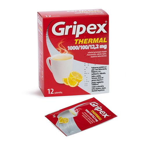 Vaistas nuo peršalimo Gripex Thermal 1000/100/12,2mg milteliai geriamajam tirpalui, N12 | Mano Vaistinė