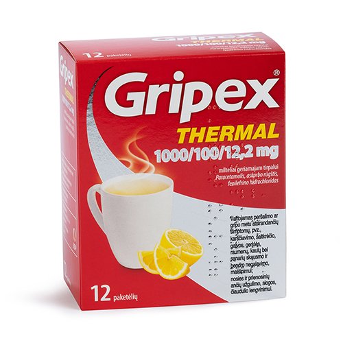Vaistas nuo peršalimo Gripex Thermal 1000/100/12,2mg milteliai geriamajam tirpalui, N12 | Mano Vaistinė