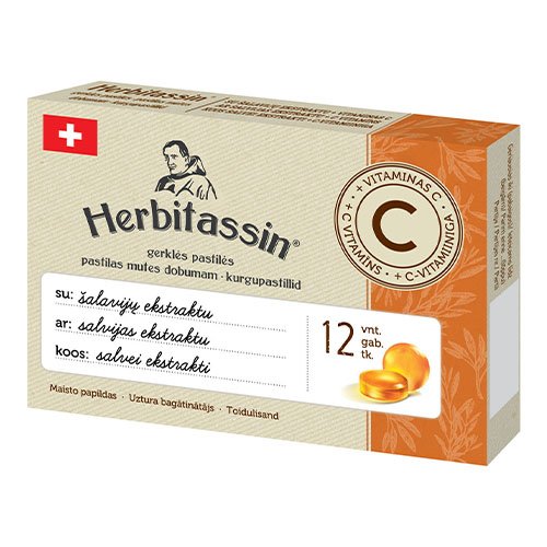 Peršalimo simptomams Pastilės su vitaminu C ir šalavijų ekstraktu HERBITASSIN, 12 vnt.  | Mano Vaistinė