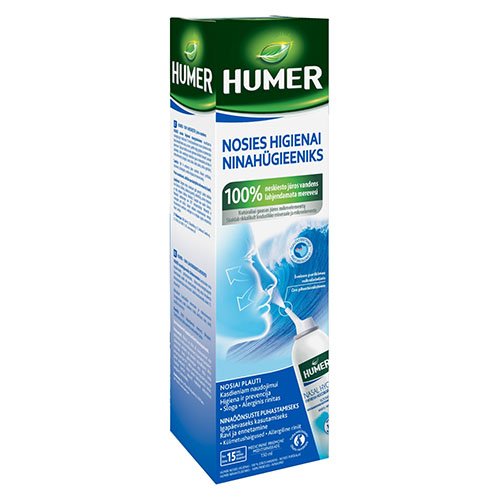 Preparatas nosies gleivinei Humer natūralus jūros vandens tirpalas suaugusiems, 150 ml | Mano Vaistinė