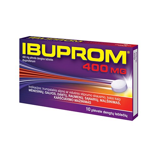 Skausmą, karščiavimą mažinantis vaistas Ibuprom 400 mg tabletės, N10 | Mano Vaistinė