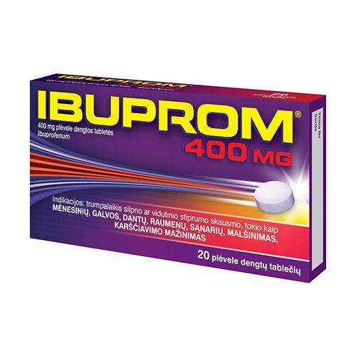 Skausmą, karščiavimą mažinantis vaistas Ibuprom 400 mg tabletės, N20 | Mano Vaistinė