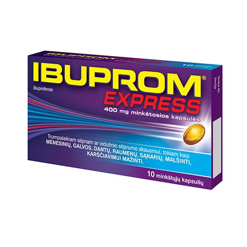 Skausmą, karščiavimą mažinantis vaistas Ibuprom Express 400 mg minkštosios  kapsulės, N10 | Mano Vaistinė