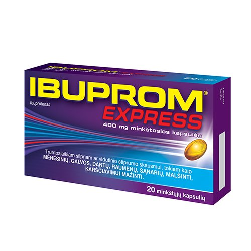 Skausmą, karščiavimą mažinantis vaistas Ibuprom Express 400 mg minkštosios kapsulės, N20 | Mano Vaistinė