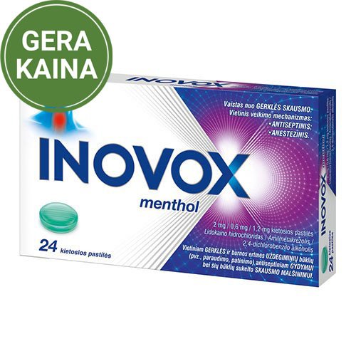Ryklės skausmą malšinantis vaistas Inovox Menthol 2mg/0,6mg/1,2mg kietosios pastilės, N24 | Mano Vaistinė