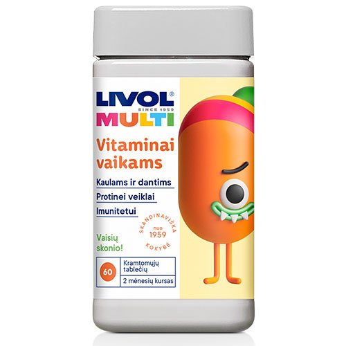 Maisto papildas vaikams Livol Multi Total kramtomosios vaisių skonio tabletės vaikams, N60 | Mano Vaistinė