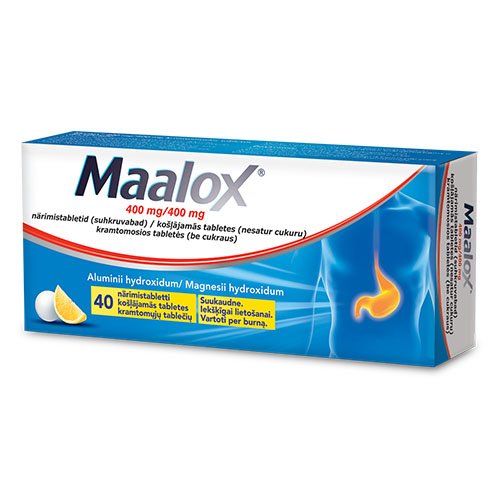 Rūgštingumą mažinantis vaistas Maalox 400 mg/400 mg kramtomosios tabletės (be cukraus), N40 | Mano Vaistinė