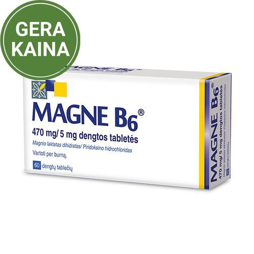 MAGNE B6 tabletės - klinikiniais tyrimais patvirtintas magnio trūkumo sukeltų simptomų gydymas. Tinka vartoti nuo 6 metų. Magne B6 470mg/5mg dengtos tabletės N60 | Mano Vaistinė