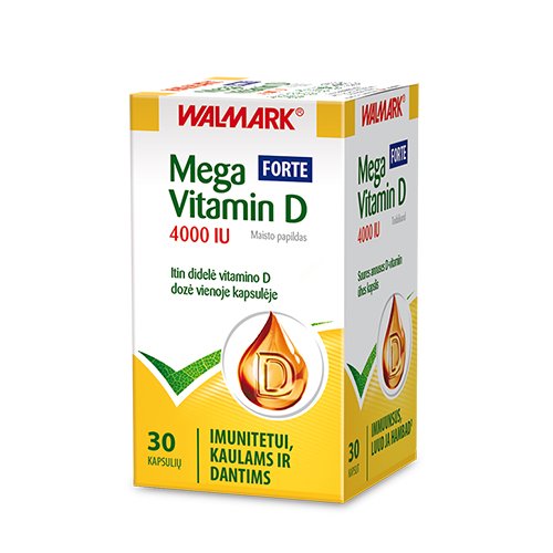Didelė dozė vitamino D vienoje kapsulėje imunitetui, kaulams ir dantims. Vitaminas D WALMARK MEGA VITAMIN D3 FORTE 4000 IU, 30 kaps.  | Mano Vaistinė