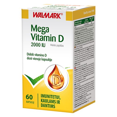 Didelė vitamino D dozė vienoje kapsulėje. Imunitetui, kaulams ir dantims. Vitaminas D WALMARK MEGA VITAMIN D3 2000 IU, 60 kaps. | Mano Vaistinė