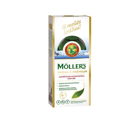 Maisto papildas žuvų taukai  Mollers Omega-3 Premium žuvų taukai, 250 ml | Mano Vaistinė
