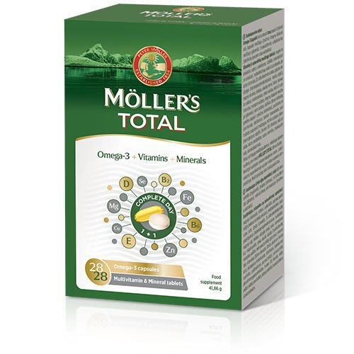 Moller's žuvų taukai su Omega-3 ir vitaminais Moller's  Total kapsulės N28/28 | Mano Vaistinė