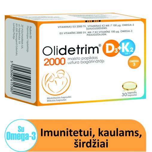 Vitamino D3 (2000 TV), ir K2 (MK-7 100 μg) ir Omega-3 kompleksas Širdžiai, kaulams, imunitetui OLIDETRIM 2000 D3 + K2, 30 vnt. | Mano Vaistinė