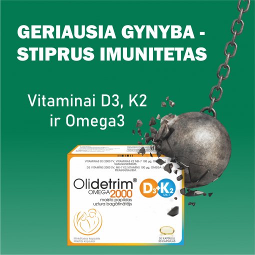 Vitamino D3 (2000 TV), ir K2 (MK-7 100 μg) ir Omega-3 kompleksas Širdžiai, kaulams, imunitetui OLIDETRIM 2000 D3 + K2, 30 vnt. | Mano Vaistinė