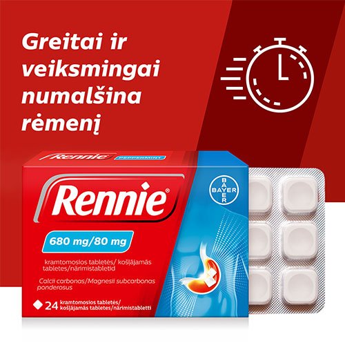 Pykinimą ir vėmimą mažinantis vaistas Rennie 680 mg/80 mg kramtomosios tabletės, N24 | Mano Vaistinė