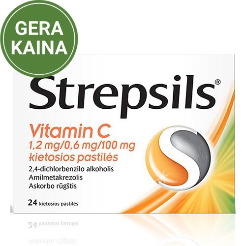 Vaistas nuo gerklės skausmo Strepsils100 mg su vitaminu C, N24 | Mano Vaistinė