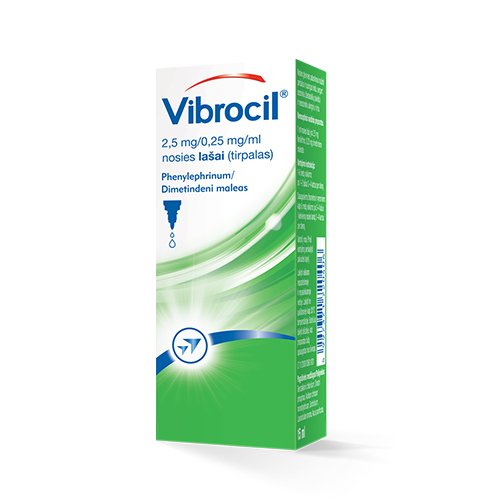 Kvėpavimo takams skirtas vaistas Vibrocil 2,5 mg/0,25 mg/ml nosies lašai (tirpalas), 15 ml | Mano Vaistinė