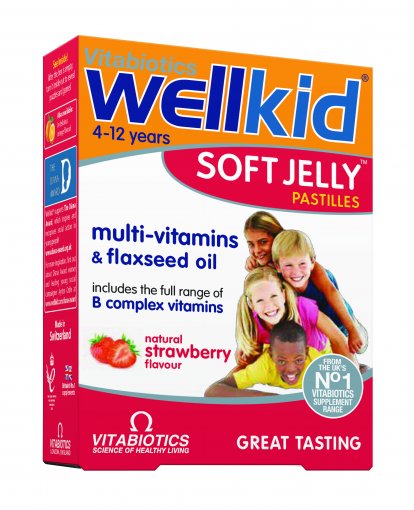Maisto papildas, vitaminai vaikams Wellkid Soft Jelly braškių skonio pastilės, N30 | Mano Vaistinė