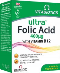Ultra Folic Acid tabletės, folio rūgštis su vitaminu B12, N60