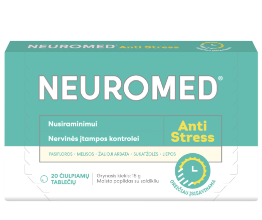 Padeda suvaldyti stresą ir mėgautis akimirka – be įtampos jausmo Čiulpiamos tabletės nusiraminimui NEUROMED ANTI - STRESS, 20 tab. | Mano Vaistinė Padeda suvaldyti stresą ir mėgautis akimirka – be įtampos jausmo Čiulpiamos tabletės nusiraminimui NEUROMED ANTI - STRESS, 20 tab. | Mano Vaistinė