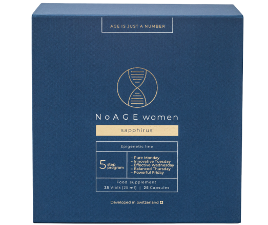 5 žingsnių grožio ir jaunystės programa Antioksidantai, vitaminai ir mineralai moterims NOAGE SAPPHIRUS, 25 but., 25 kaps. | Mano Vaistinė