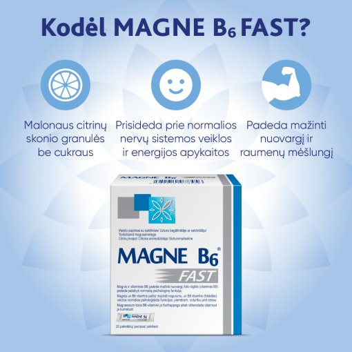 Emociniam ir fiziniam nuovargiui. Greito veikimo magnis MAGNE B6 FAST, 20 vnt. | Mano Vaistinė