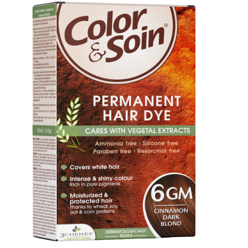 Pažeistiems ir silpniems plaukams. Tinka besilaukiančioms, žindančioms Ilgalaikiai plaukų dažai COLOR & SOIN, tamsi cinamoninė blondinė (6GM), 135 ml | Mano Vaistinė