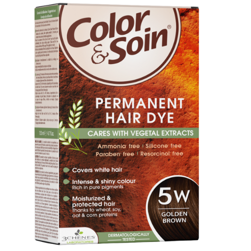 Pažeistiems ir silpniems plaukams. Tinka besilaukiančioms, žindančioms Ilgalaikiai plaukų dažai COLOR & SOIN, auksinė ruda (5W), 135 ml | Mano Vaistinė