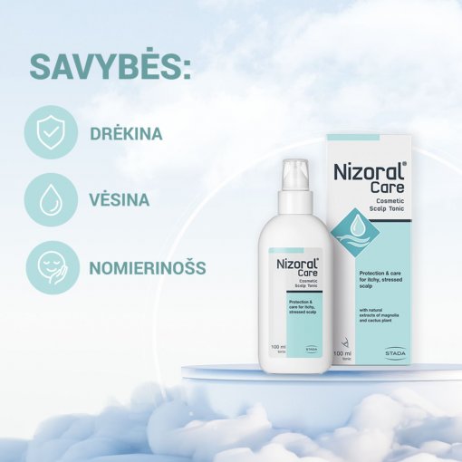 Su natūraliais magnolijų ir kaktusų augaliniais ekstraktais. Tonikas niežtinčiai, sudirgusiai galvos odai NIZORAL CARE, 100 ml | Mano Vaistinė