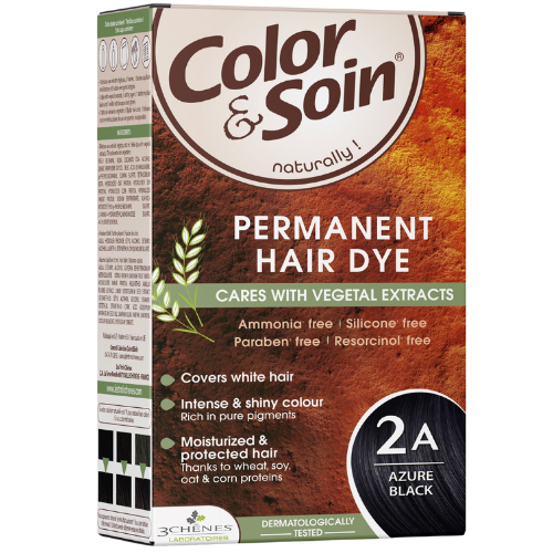 Pažeistiems ir silpniems plaukams. Tinka besilaukiančioms, žindančioms Ilgalaikiai plaukų dažai COLOR & SOIN, lazūrinė juoda (2A), 135 ml | Mano Vaistinė