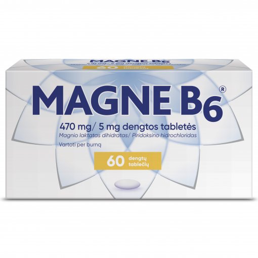 MAGNE B6 tabletės - klinikiniais tyrimais patvirtintas magnio trūkumo sukeltų simptomų gydymas. Tinka vartoti nuo 6 metų. Magnis MAGNE B6 470mg/5mg, 60 tab. | Mano Vaistinė