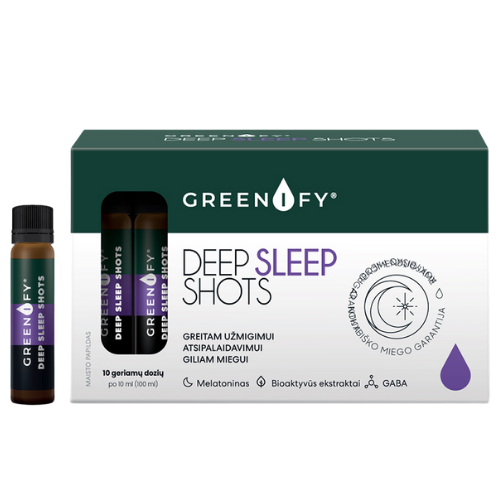 Apynių spurgų, melisų lapų, pasiflorų žiedų ekstraktai Kompleksas su melatoninu giliam miegui GREENIFY DEEP SLEEP SHOTS, 10 but. | Mano Vaistinė