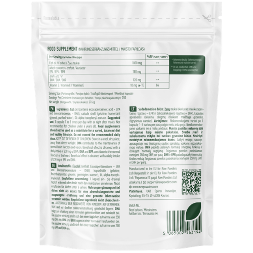 Omega-3 riebalų rūgštys yra būtinos sklandžiam mūsų smegenų ir širdies darbui Žuvų taukai RAW POWDERS OMEGA-3, 200 kaps. | Mano Vaistinė