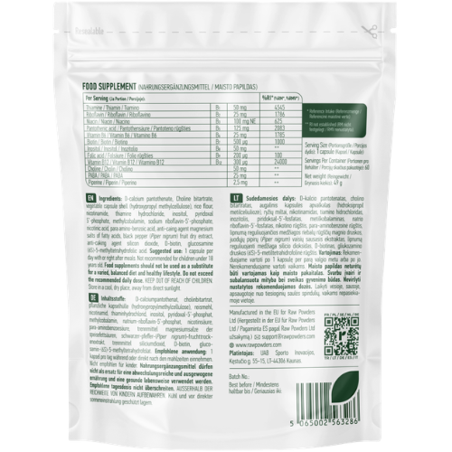 Tinka vegetarams ir veganams B grupės vitaminų kompleksas RAW POWDERS, 60 kaps. | Mano Vaistinė