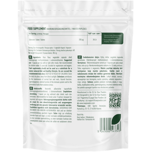 Selenometioninas-organizmui lengvai atpažįstama ir itin gerai pasisavinama forma Selenas RAW POWDERS 200 mcg., 60 kaps. | Mano Vaistinė