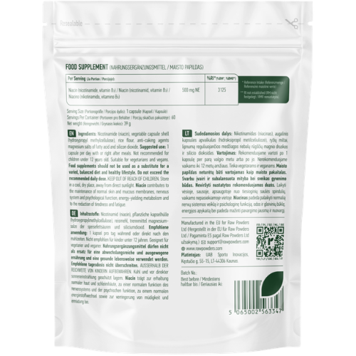Padeda palaikyti normalią energijos apykaitą, nervų sistemos veiklą bei odos būklę Niacinas (vitaminas B3) RAW POWDERS 500 mg., 60 kaps. | Mano Vaistinė