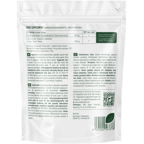 Padeda sunormalizuoti homocisteino apykaitą Betainas HCL RAW POWDERS 650 mg, 120 kaps. | Mano Vaistinė