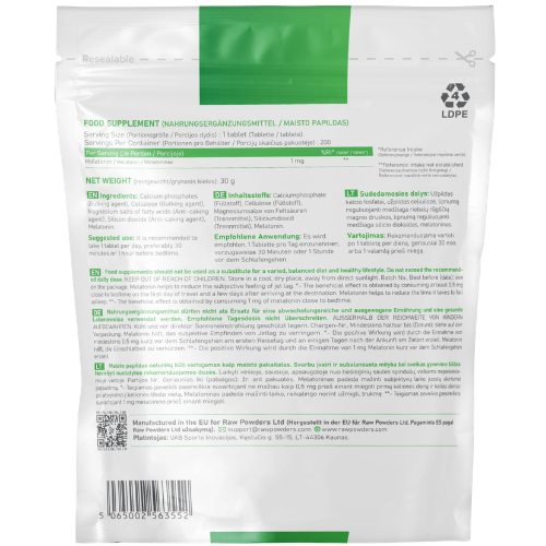 Melatoninas gali padėti greičiau užmigti, taip leisdamas geriau pailsėti Melatoninas RAW POWDERS 1mg, 200 tabl. | Mano Vaistinė
